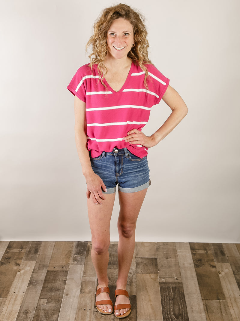 Short Sleeve Striped Magenta Sweater