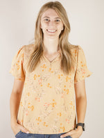 Tan Floral V-Neck Blouse
