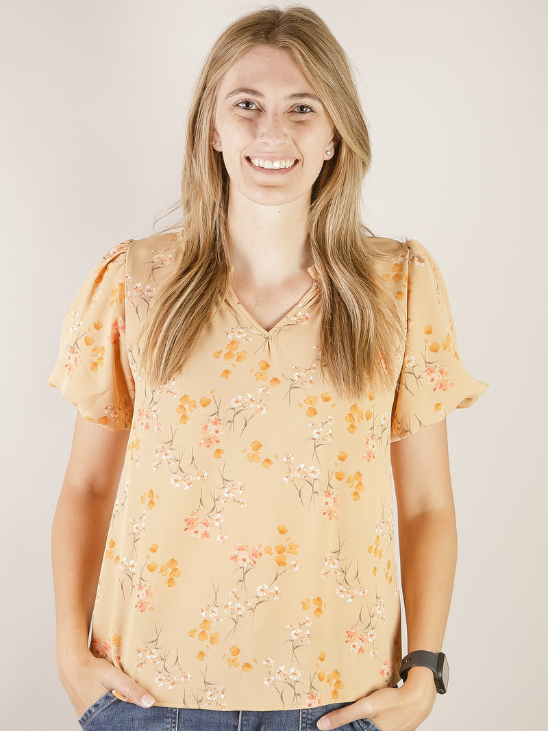 Tan Floral V-Neck Blouse