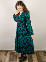 Teal with Black Floral Print Maxi Dress