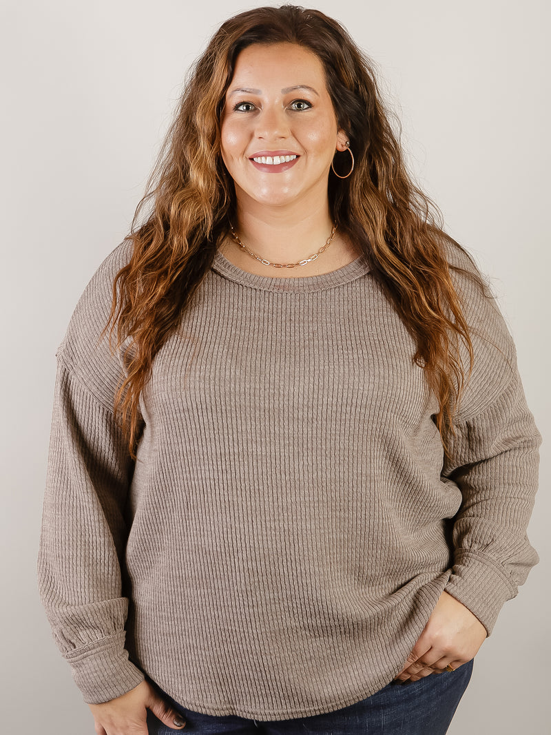 Curvy Taupe Drop Shoulder Sweater Knit Top