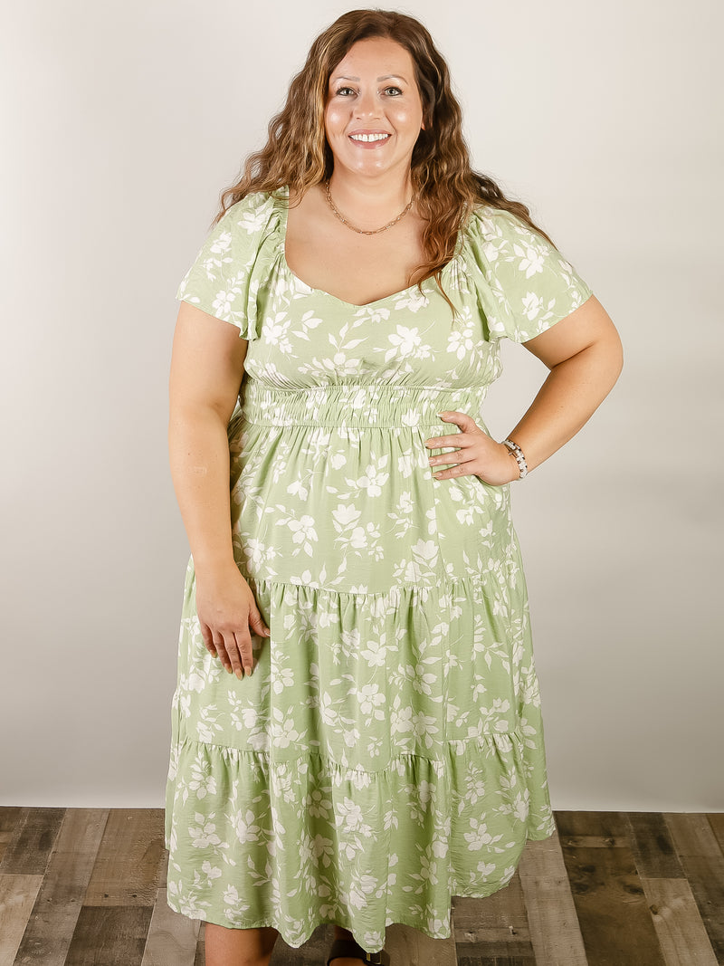 Curvy Light Green Floral Midi Dress