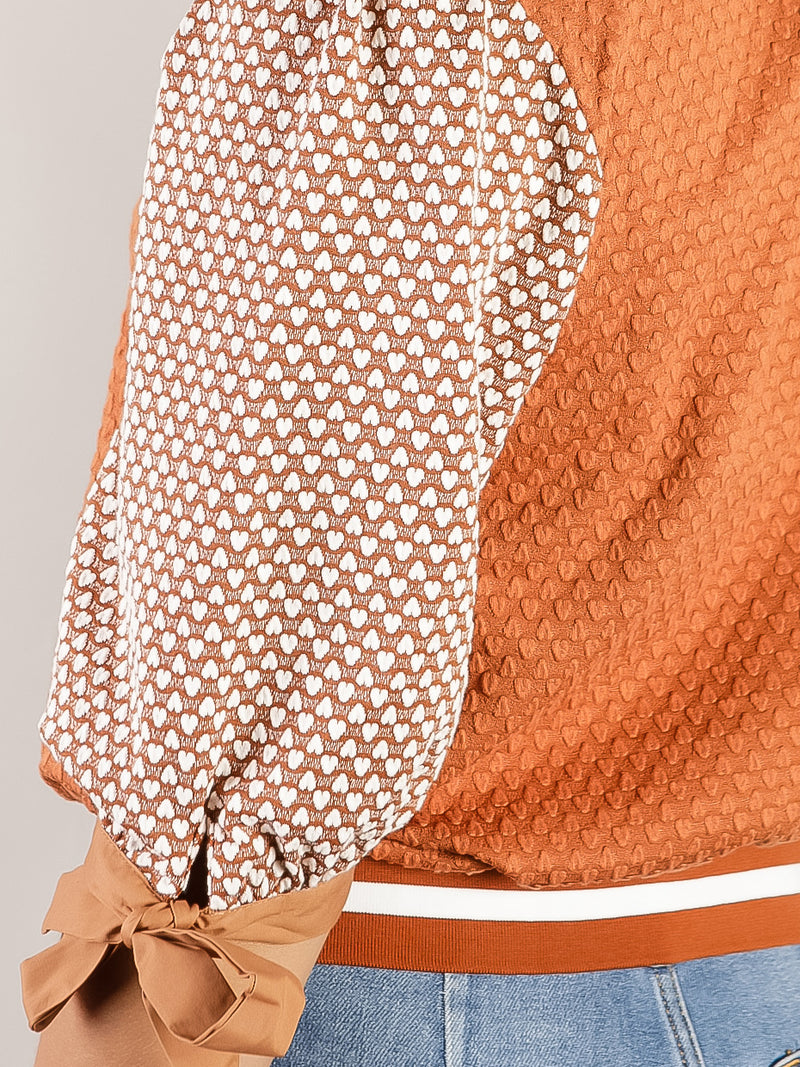Rust Textured Print Top with Bow Sleeves