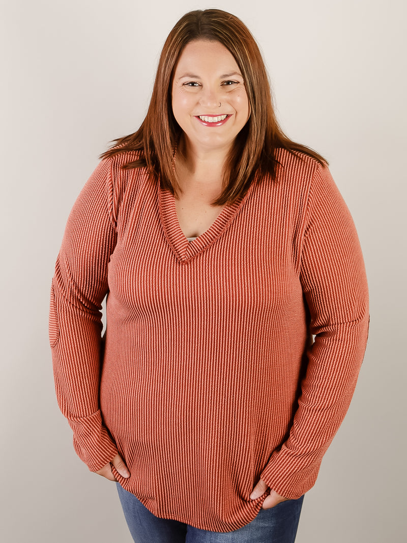 Curvy Rust Ribbed Vneck Long Sleeve