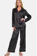 Black Satin Long Sleeve Shirt and Pants Pajama Set (Online Exclusive)