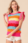 Multi-Colored Pointelle Striped Ruffled Knit Top (Online Exclusive)