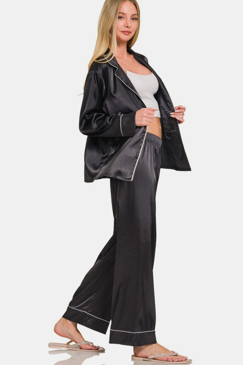 Black Satin Long Sleeve Shirt and Pants Pajama Set (Online Exclusive)