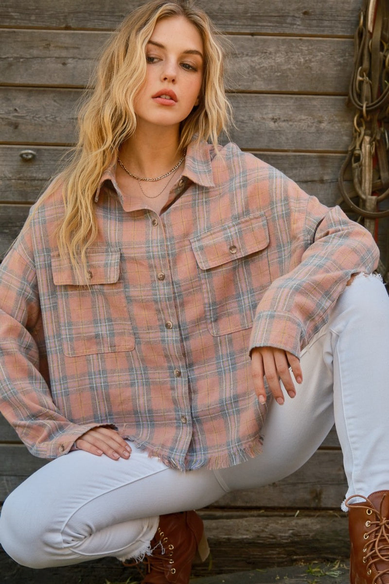 Pink Plaid Button Up Raw Hem Shirt (Online Exclusive)