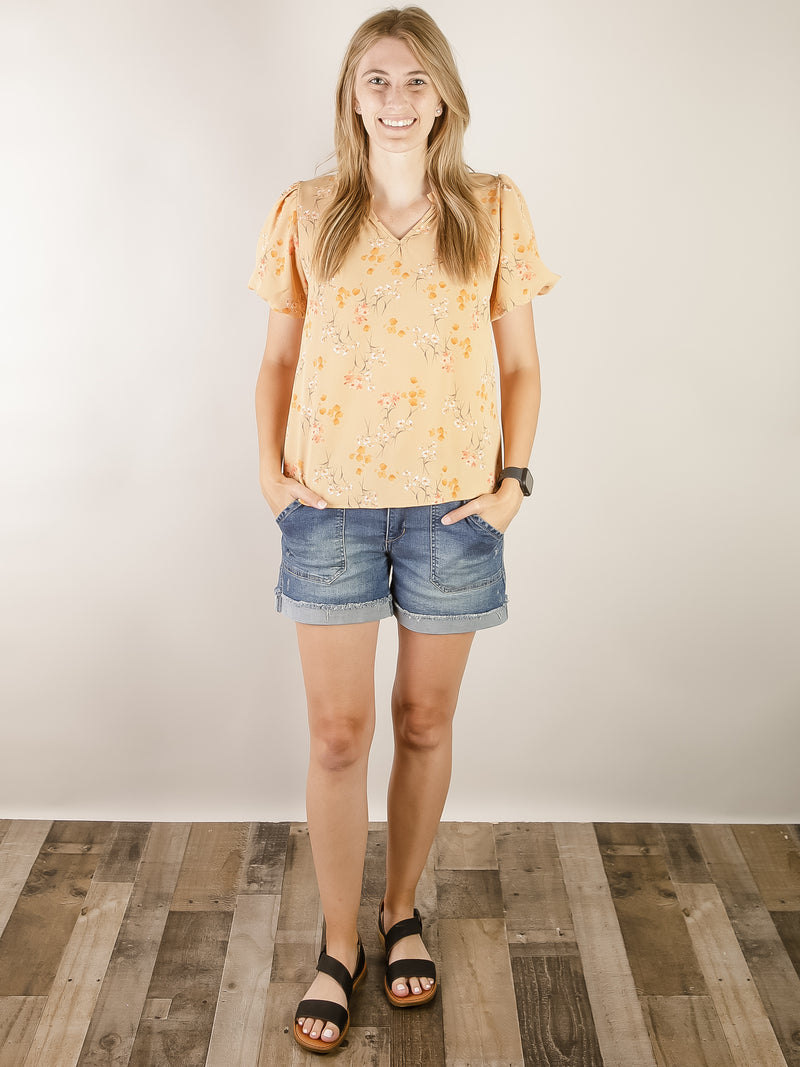 Tan Floral V-Neck Blouse