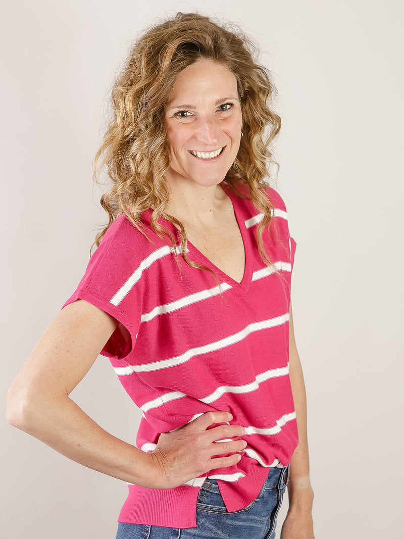 Short Sleeve Striped Magenta Sweater