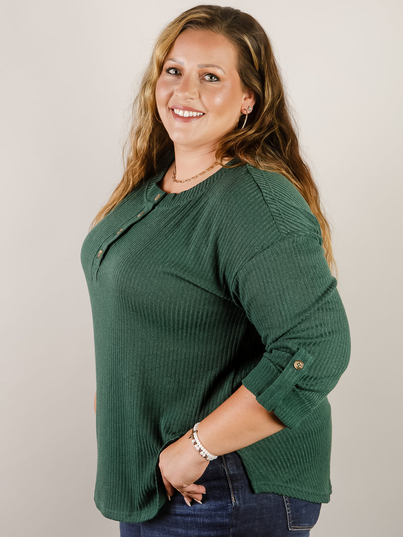 Curvy Hunter Green 3/4 Sleeve Henley Top