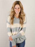 Dusty Blue Striped V-Neck Sweater