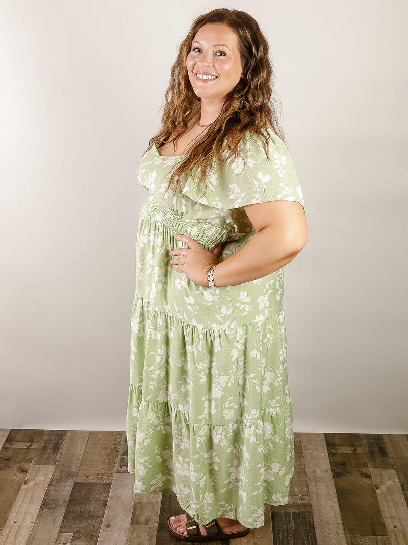 Curvy Light Green Floral Midi Dress