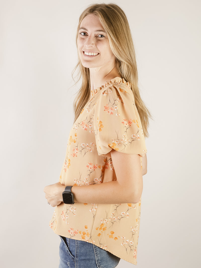 Tan Floral V-Neck Blouse