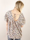 Navy Floral V-Neck Short Sleeve Blouse with Back Tie