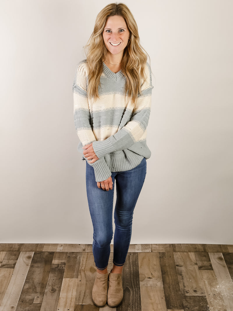 Dusty Blue Striped V-Neck Sweater