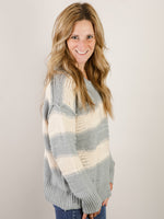 Dusty Blue Striped V-Neck Sweater