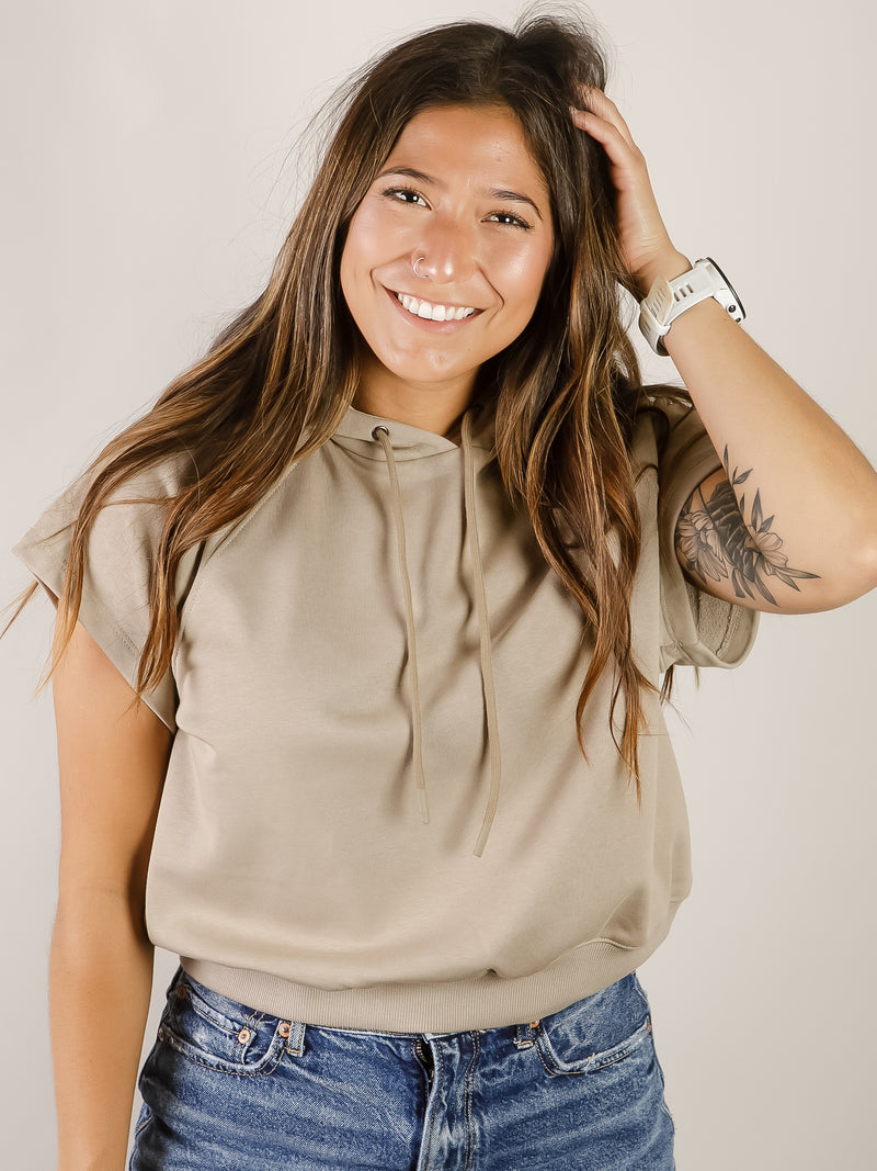 Taupe Short Sleeve Hooded Sweatshirt