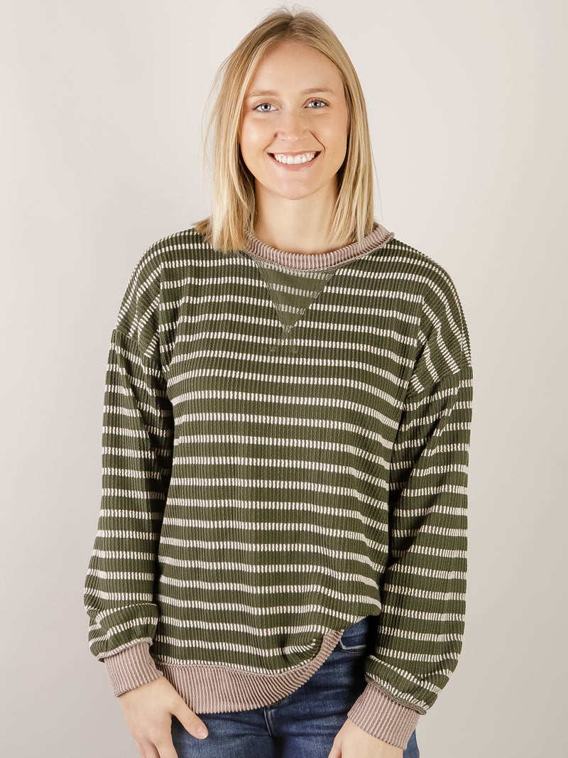 Olive Ribbed Striped Top