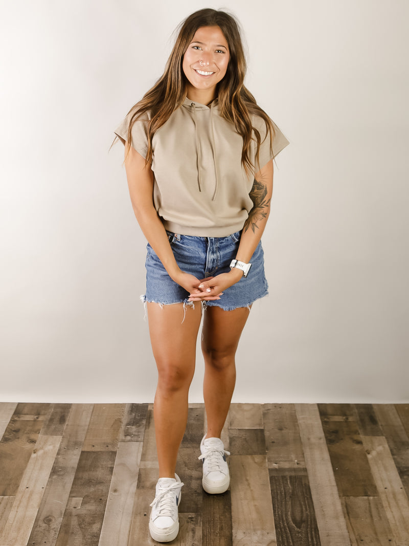 Taupe Short Sleeve Hooded Sweatshirt