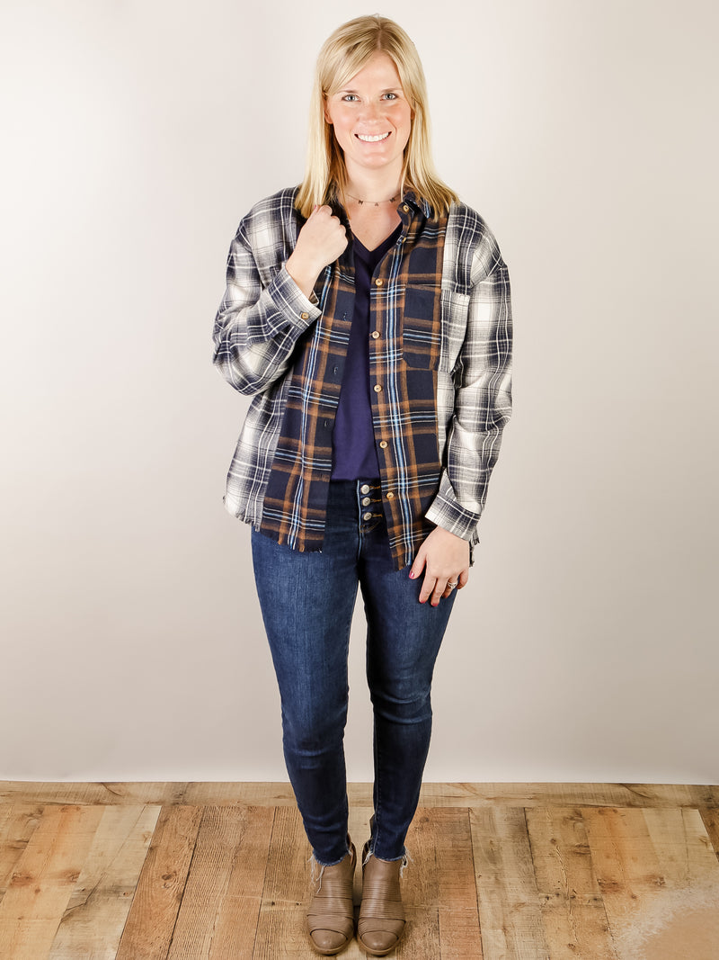 Navy Plaid Patchwork Button Up Flannel