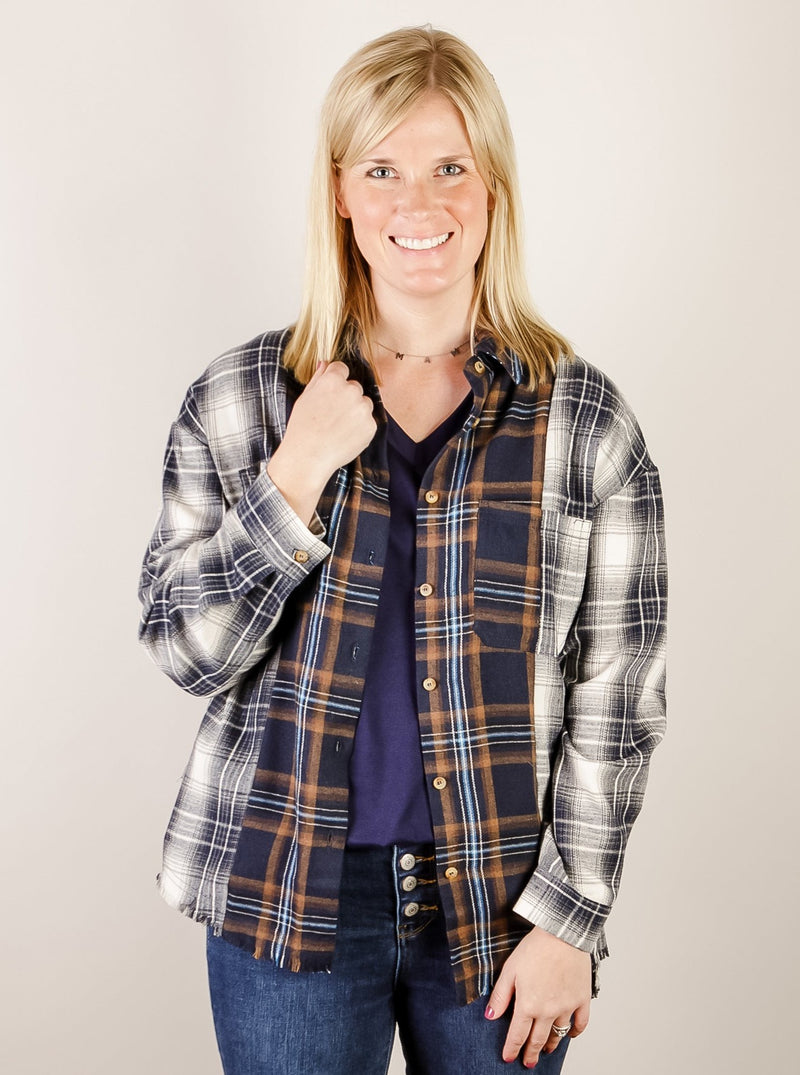 Navy Plaid Patchwork Button Up Flannel