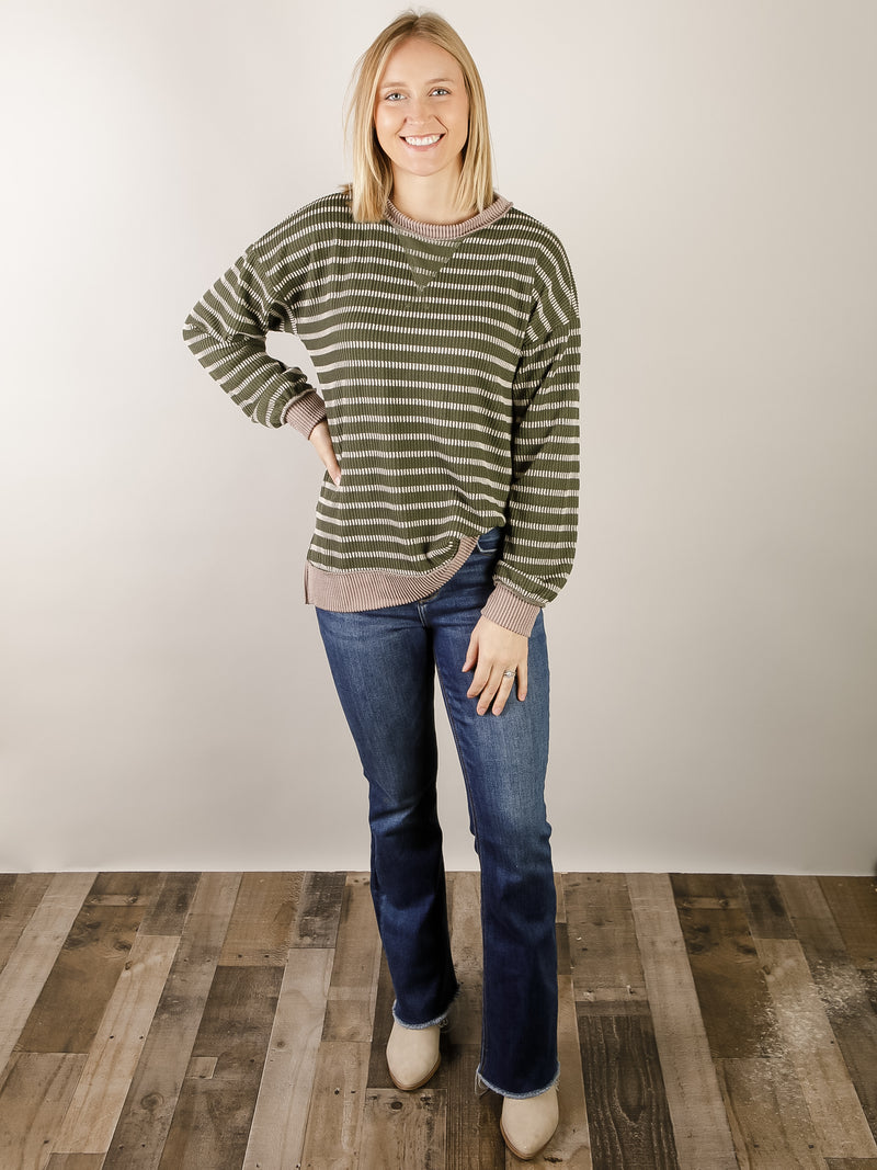 Olive Ribbed Striped Top
