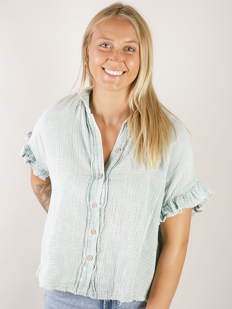 Faded Blue Mineral Washed Button Up Shirt