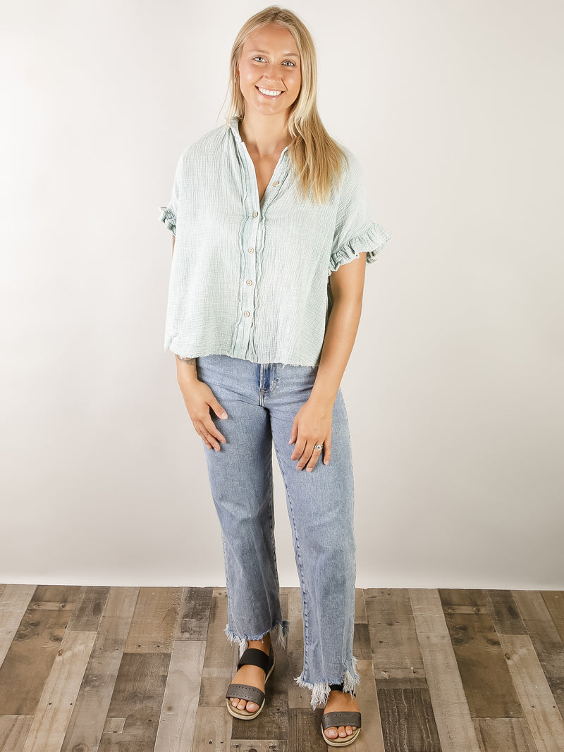 Faded Blue Mineral Washed Button Up Shirt