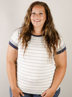 Heather Grey and Ivory Striped Top with Navy Sleeve