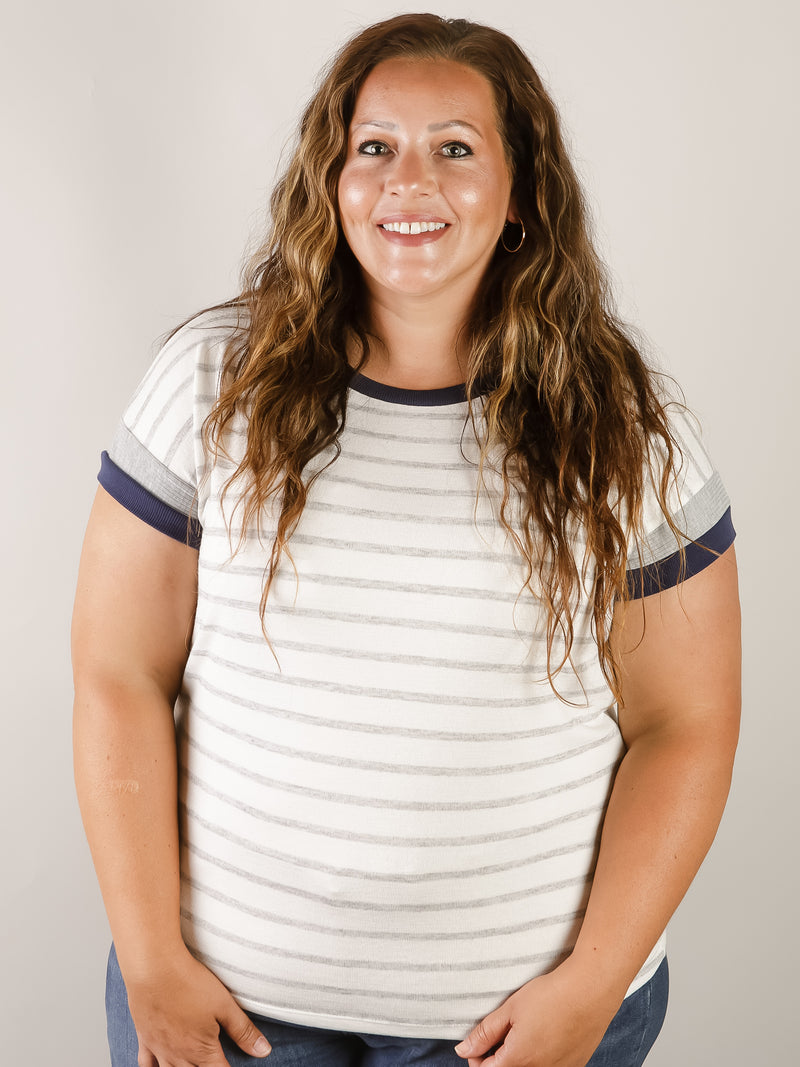 Heather Grey and Ivory Striped Top with Navy Sleeve