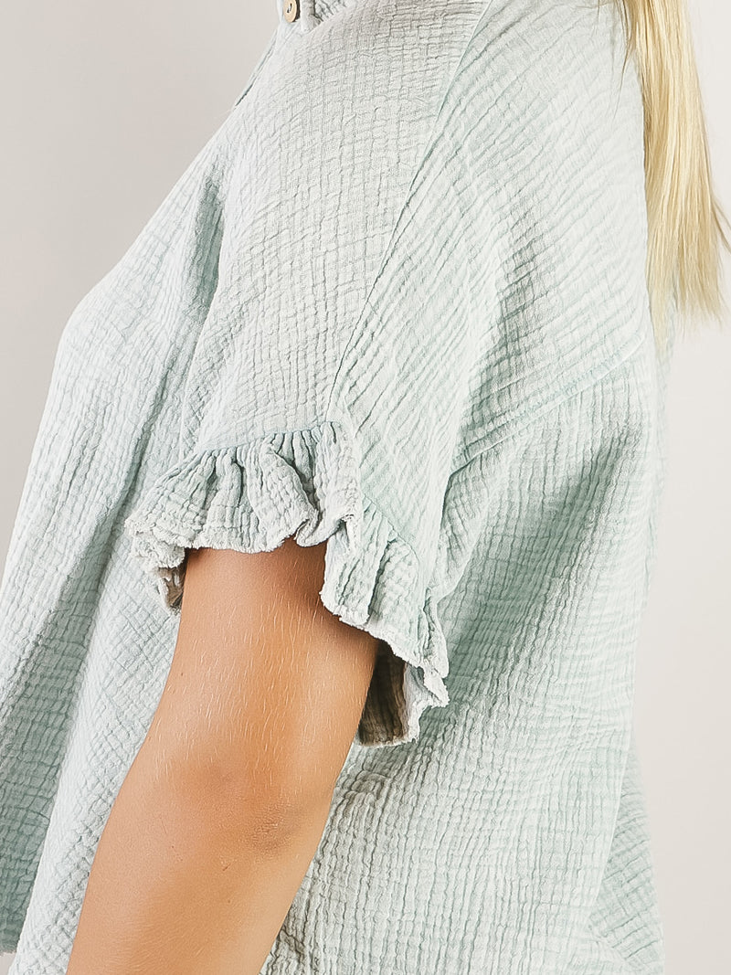 Faded Blue Mineral Washed Button Up Shirt