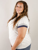 Heather Grey and Ivory Striped Top with Navy Sleeve