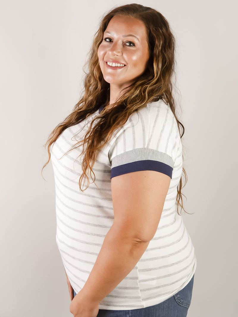 Heather Grey and Ivory Striped Top with Navy Sleeve