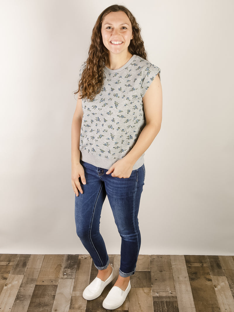 Heather Grey Floral Short Sleeve Sweatshirt