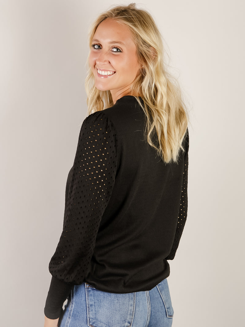 Black Knit Top with Eyelet Laced Long Sleeve