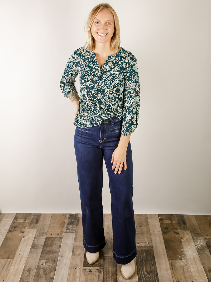 Hunter Green Floral Lizzy Top