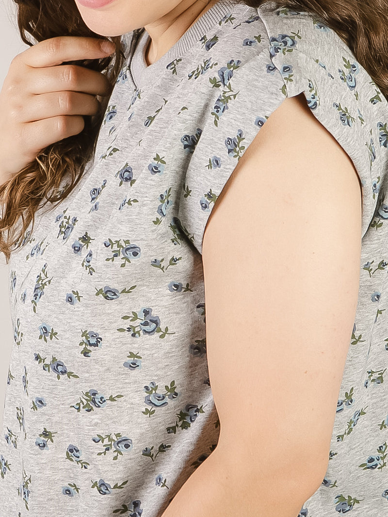 Heather Grey Floral Short Sleeve Sweatshirt