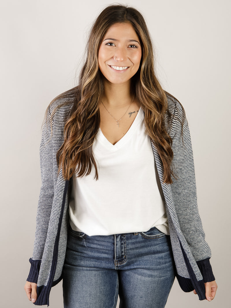 Navy Mini Striped Cardigan Sweater