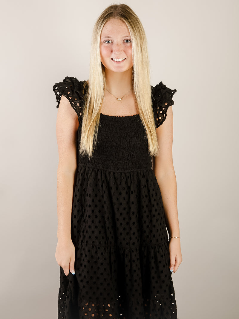 Black Crocheted Ruffled Sleeve Dress