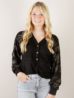 Black Henley Top with Floral Sleeve