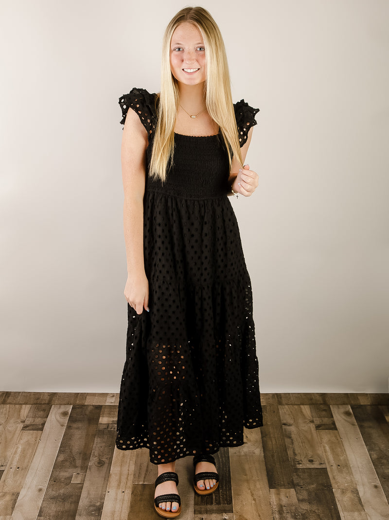 Black Crocheted Ruffled Sleeve Dress