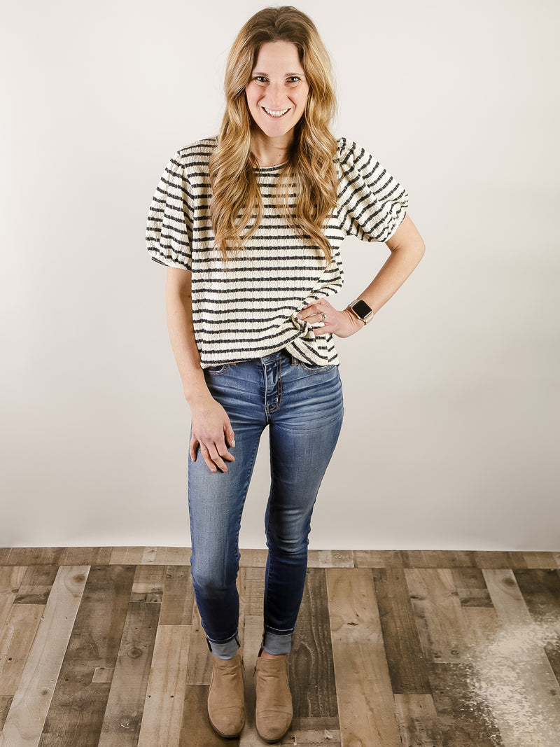 Striped Puff Sleeve Cream and Navy Knit Top