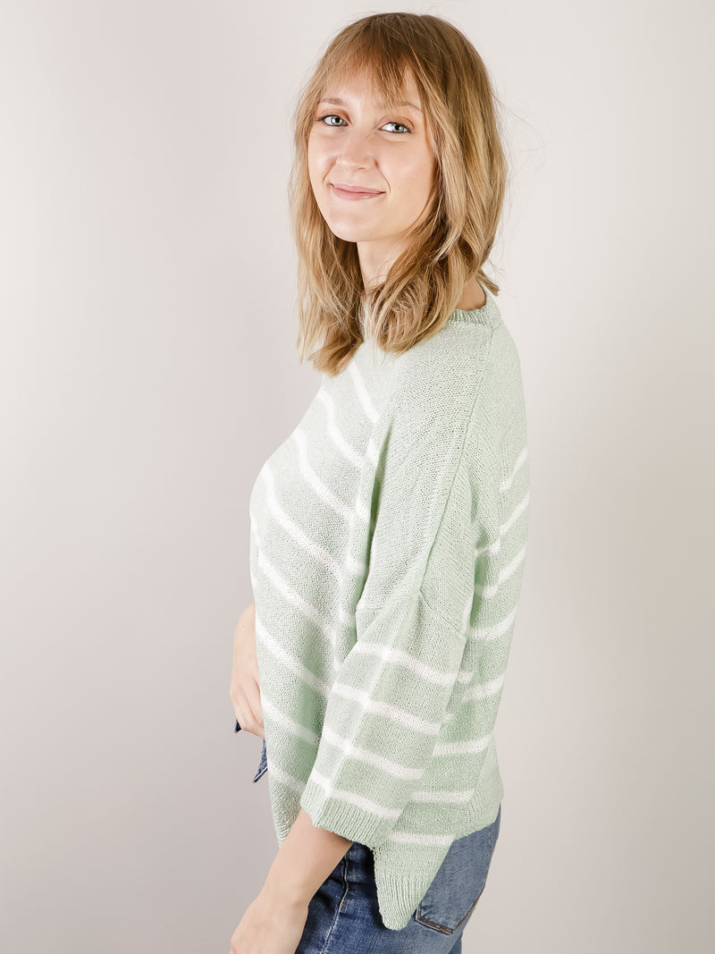 Mint and White Striped 3/4 Sleeve Sweater