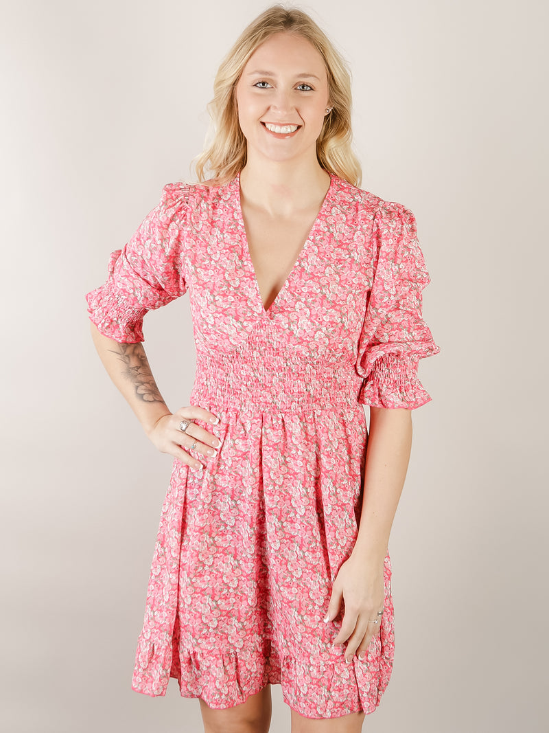 Pink Floral V-Neck Dress