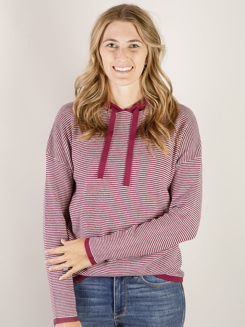 Dark Magenta Waffle Textured Striped Hooded Sweater