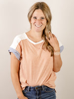 Vintage Clay with Blue Rolled Sleeve Knit Top