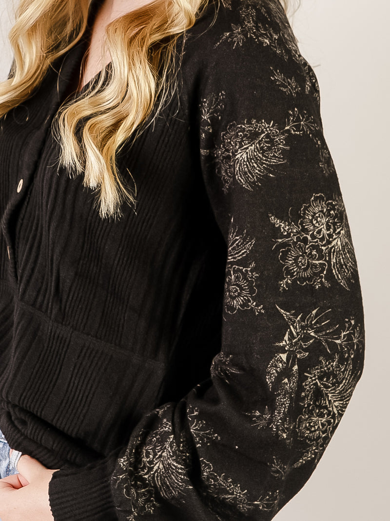 Black Henley Top with Floral Sleeve