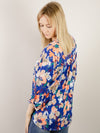Royal Blue and Coral Floral Wrinkle Free 3/4 Sleeve