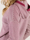 Dark Magenta Waffle Textured Striped Hooded Sweater